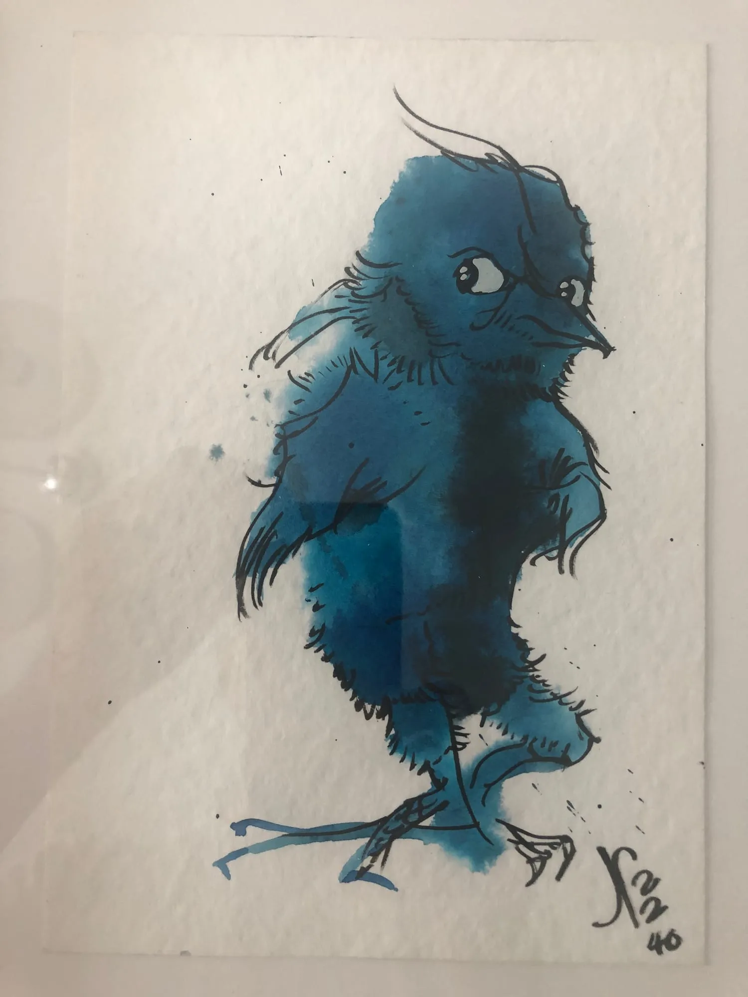 Exotic Bird (Blue, Strutting), watercolor and pen and ink on paper
