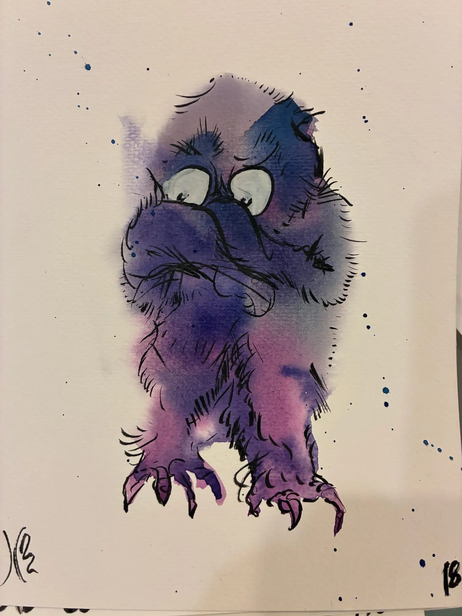 Exotic Bird (Purple Owl), watercolor and pen and ink on paper