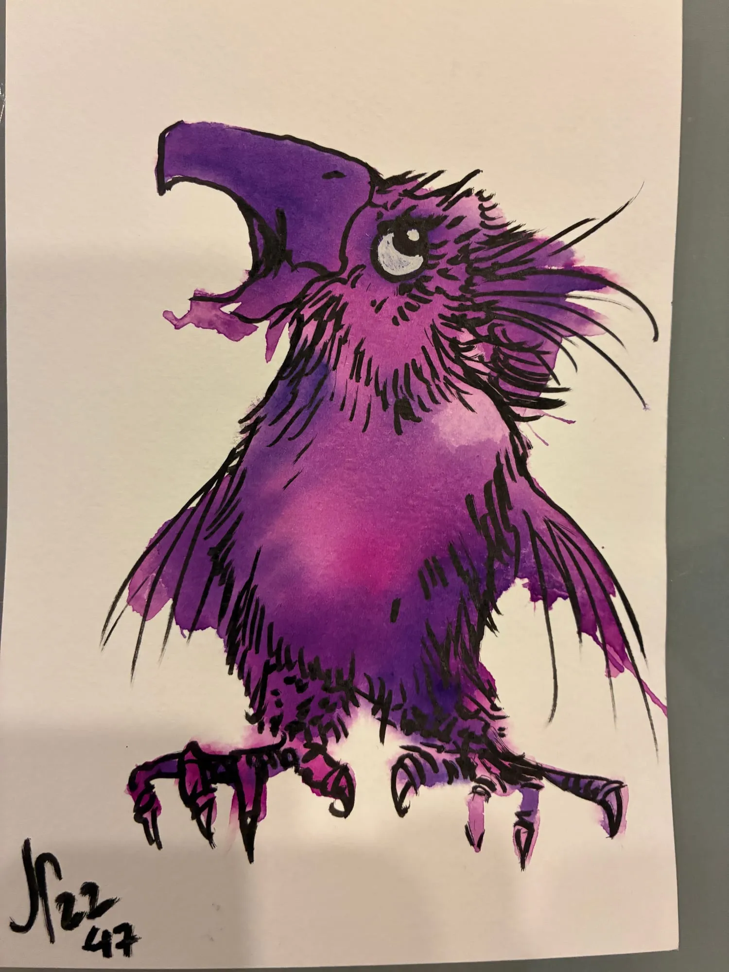 Exotic Bird (Purple, Squawking), watercolor and pen and ink on paper