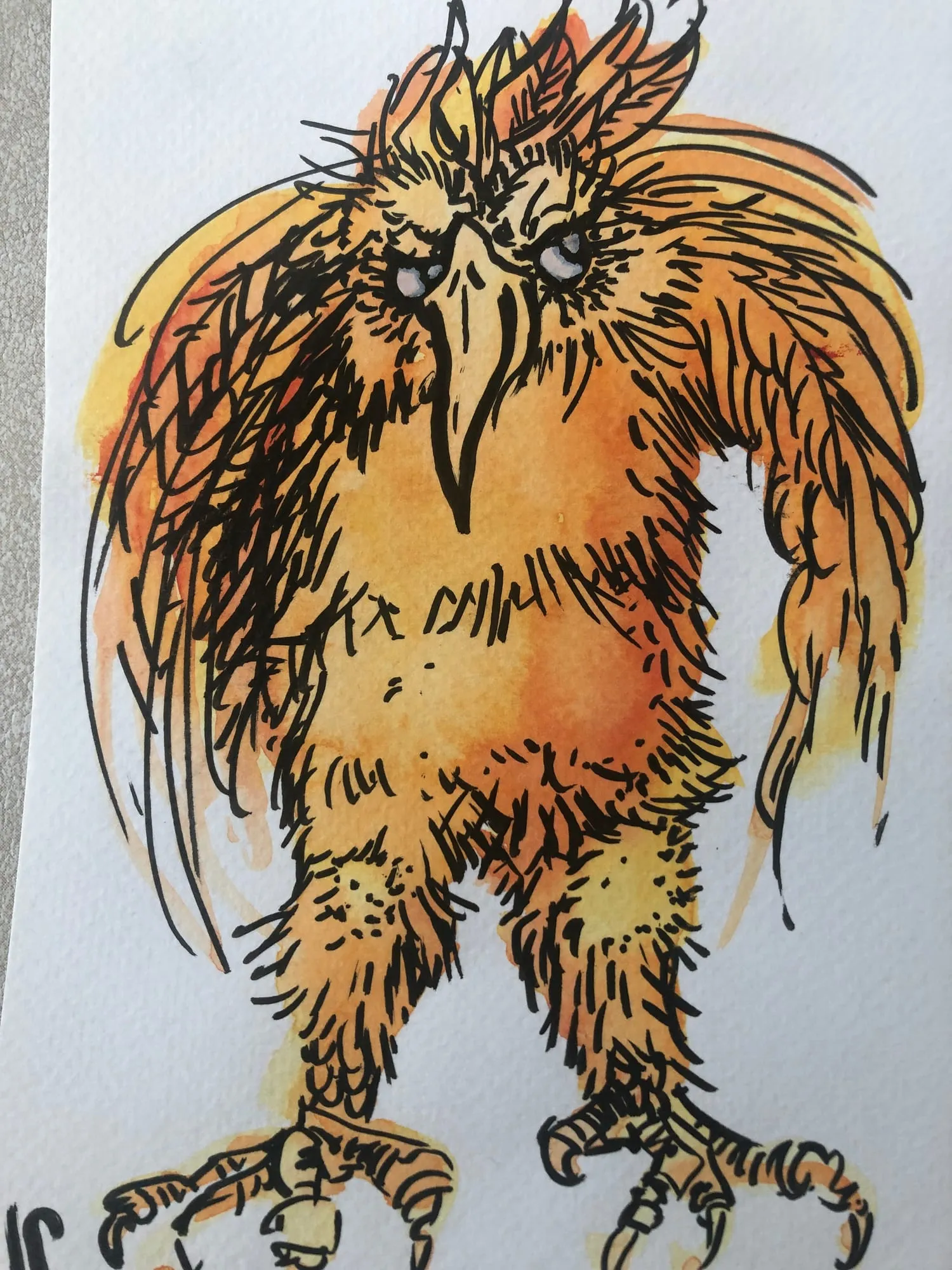 Exotic Bird (Shaggy Yellow), watercolor and pen and ink on paper