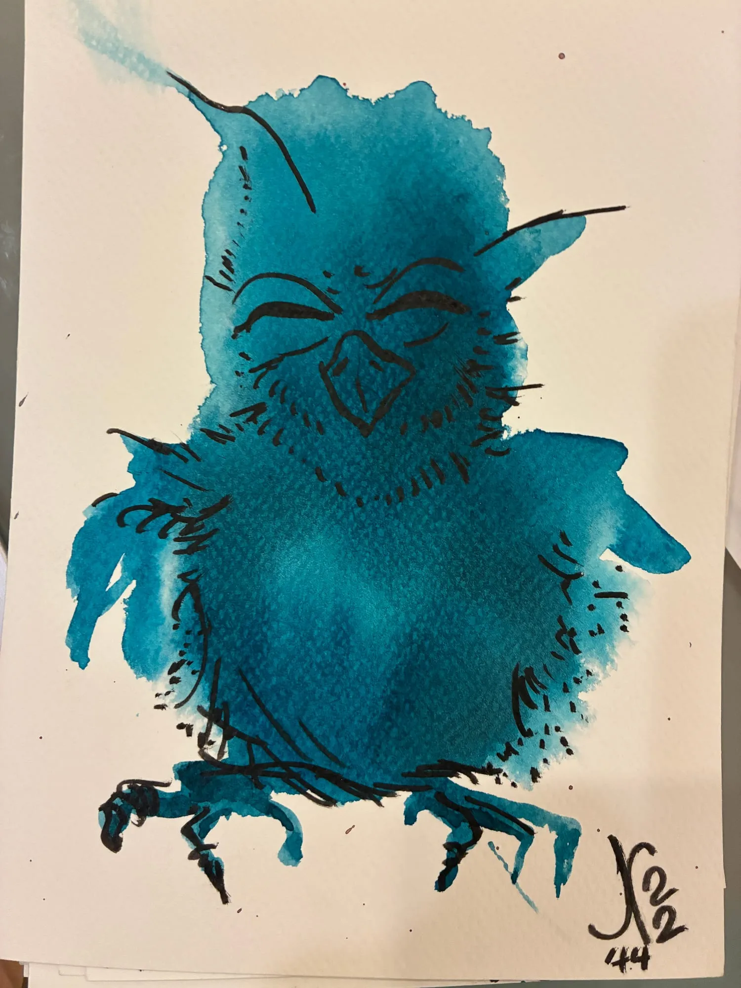 Exotic Bird (Teal Owl), watercolor and pen and ink on paper