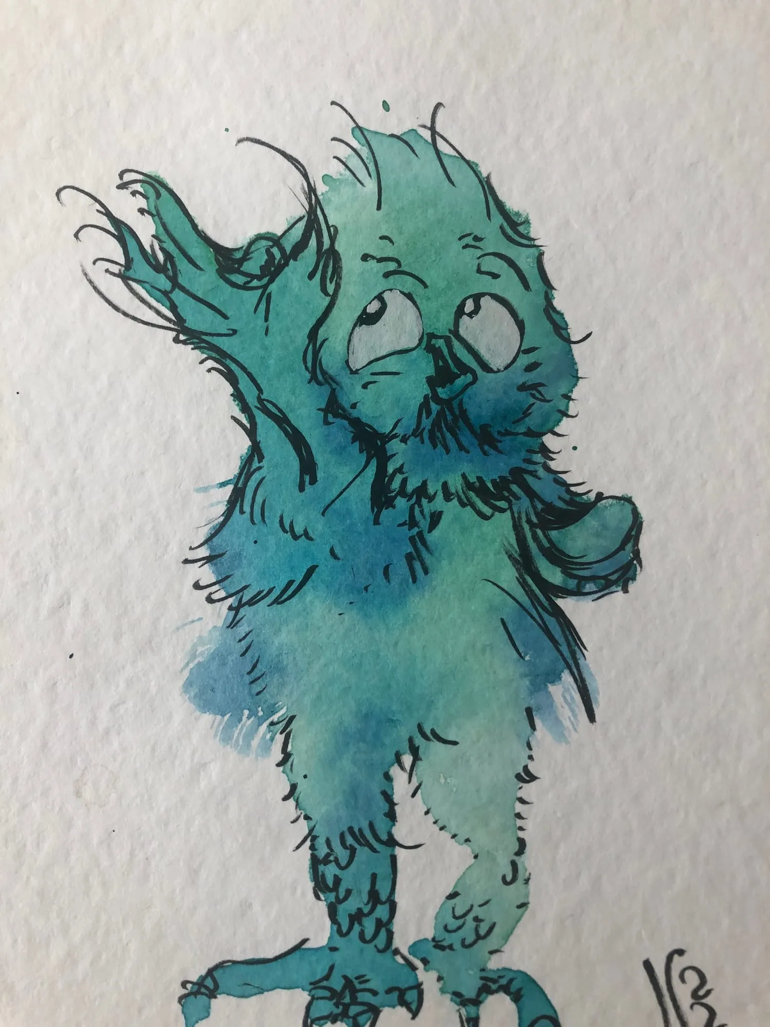 Exotic Bird (Teal, Waving), watercolor and pen and ink on paper