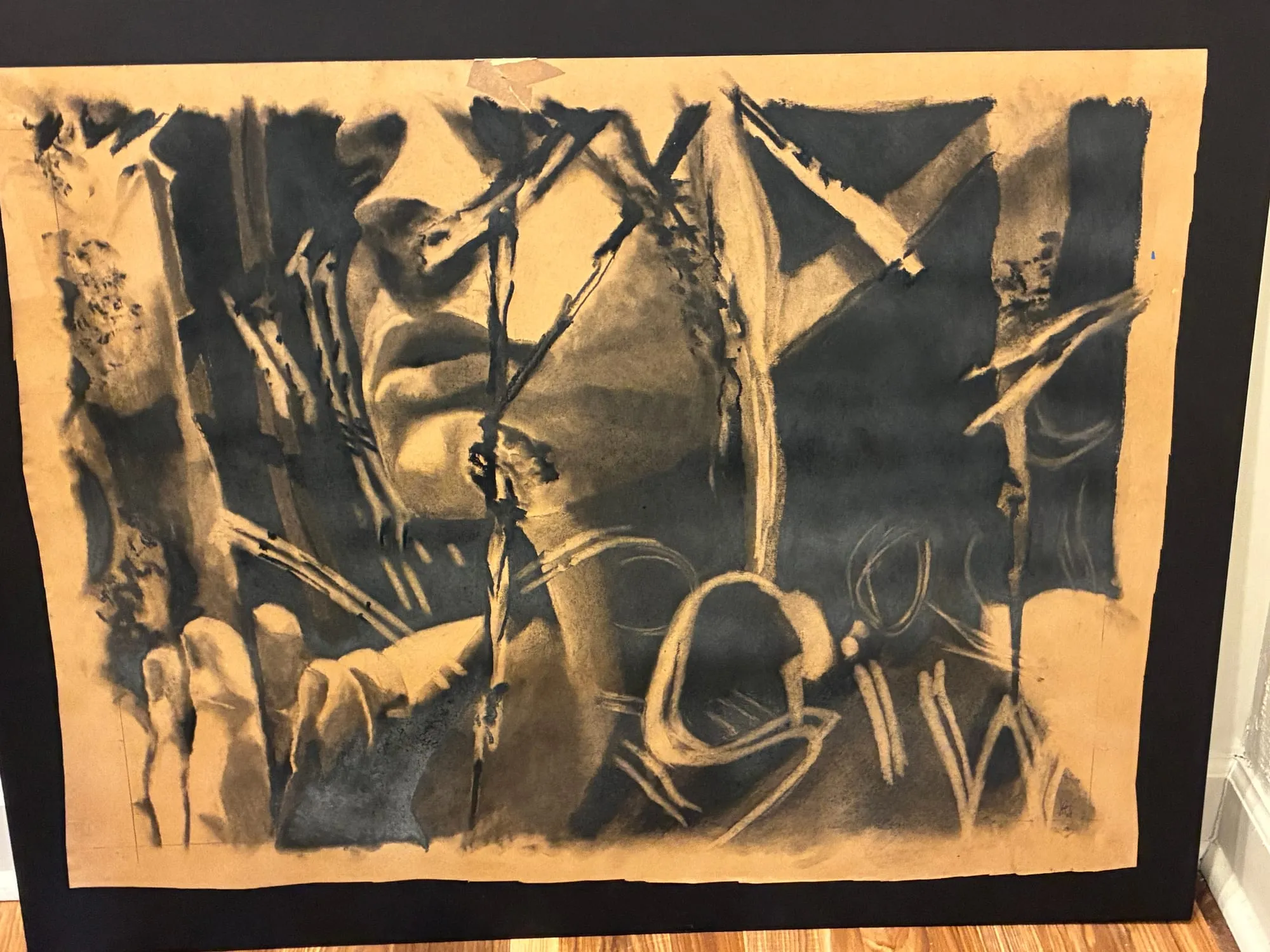 Untitled (Face Through Reeds), charcoal on kraft paper